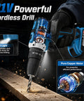Tough As Nails 21v Cordless Drill Driver Kit With Two Batteries And Five Cleaning Brushes Fifty Nm Torque Garage Ready Heavy Duty Workhorse For Serious Home Repair, showing LED light and copper motor.