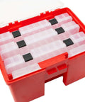 Portable Stow Away Rack Organizer With Cover In Bright Red, Grab-And-Go Tool And Craft Storage Box With Snap Tight Front Cover open