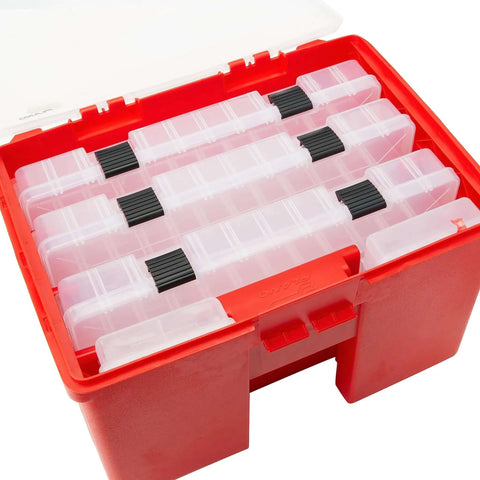 Portable Stow Away Rack Organizer With Cover In Bright Red, Grab-And-Go Tool And Craft Storage Box With Snap Tight Front Cover open