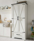 Front view of Farmhouse Pantry Cabinet 72 Inch Tall Wood Storage with Adjustable Shelves Barn Style Doors and Drawer in Antique White