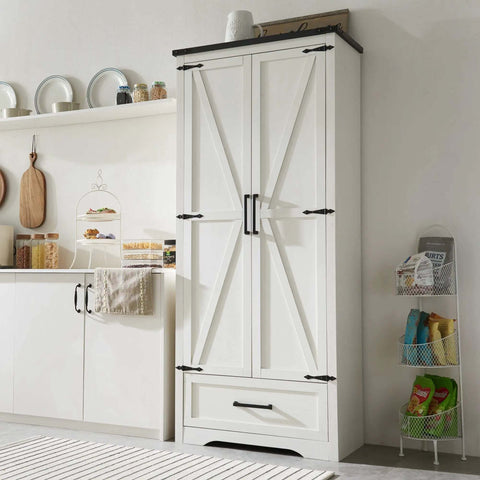 Front view of Farmhouse Pantry Cabinet 72 Inch Tall Wood Storage with Adjustable Shelves Barn Style Doors and Drawer in Antique White