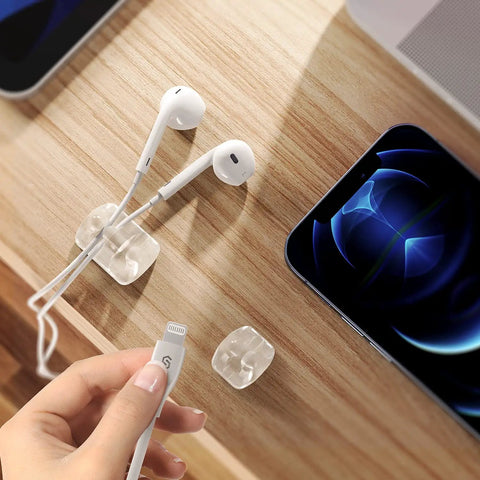 Clear Cable Clips Set With 15 Slots, Five Pack Self Adhesive Cord Management Organizers used on desk to hold earphones and charger