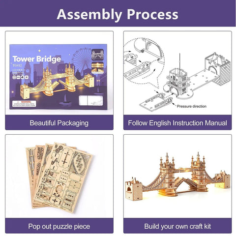Assembly process of Tower Bridge 3D Puzzle Wood Craft Kit With LED Light DIY Construction Model for Home Decor.