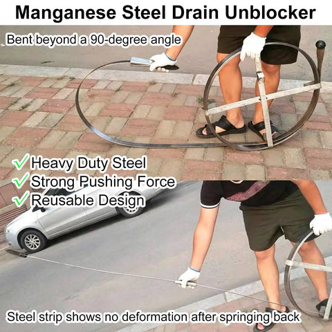 Heavy Duty Flat Steel Snake Tool And Rugged Manganese Steel Drain Auger For Outdoor Sewer Lines Knocks Out Nasty Clogs Fast shown bending.