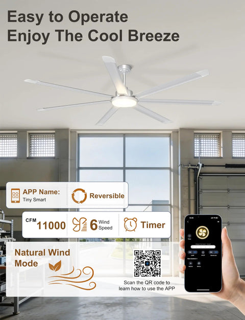 Top Shelf 84 Inch Industrial Ceiling Fan With Seven Heavy Duty Blades And Integrated Overhead Light Pumping Out 11000 Cfm For Shops Garages And High Ceilings In Classic Silver, displayed in a spacious garage.