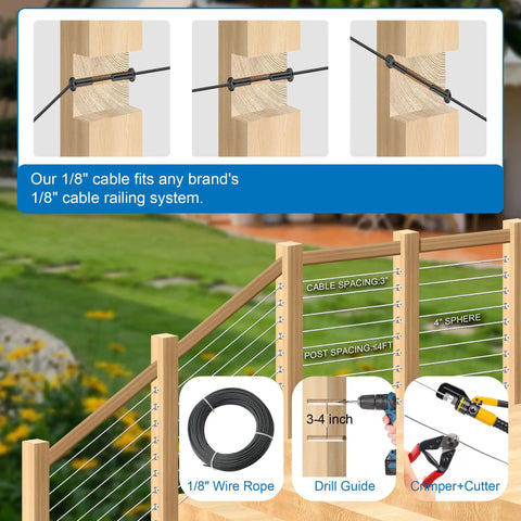 50 Feet One-Eighth Inch Black Heavy-Duty T316 Stainless Steel Cable Wire Rope Aircraft Cable Railing System setup guide