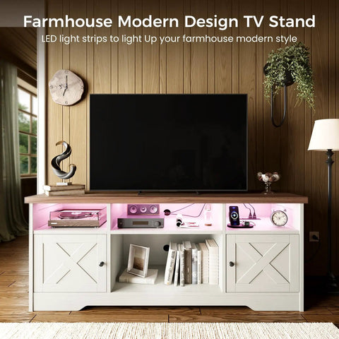 65 Inch TV Stand With Built In Power Outlet And LED Lights Cool Farmhouse White Entertainment Center With Cable Management