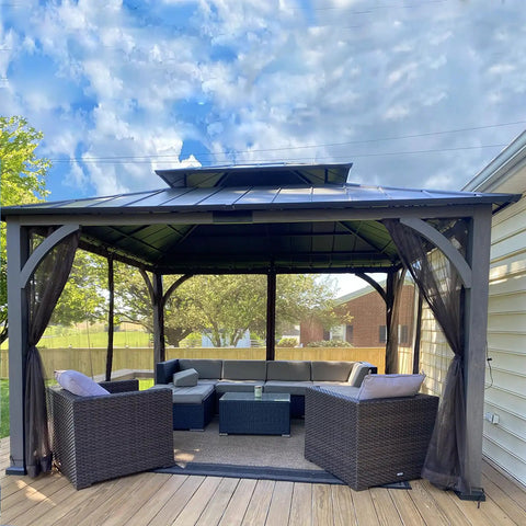 Universal Replacement Mosquito Netting For 10x10 Gazebos With Four Panel Sidewalls And Zippers installed on outdoor canopy