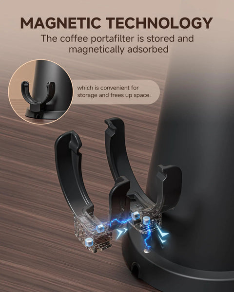 Level Up Your Daily Brew With This Bang For Your Buck Electric Coffee Grinder Featuring 75 Stepless Speeds And A Premium 40mm Burr For Zero Mess Single Dose Prep That Makes Flavor Hit Different showing coffee portafilter holder with magnetic technology for storage.