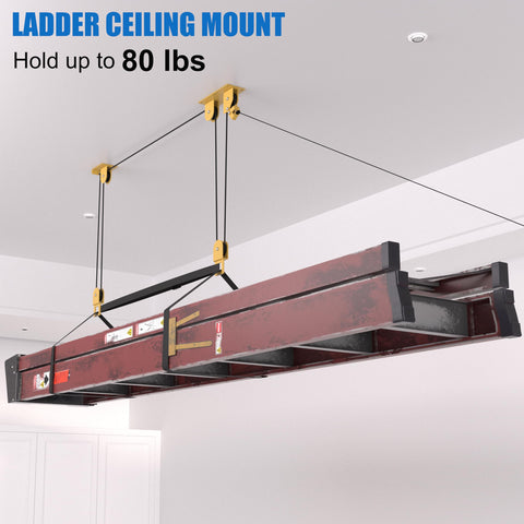 Ladder Storage Pulley Hoist Self Locking Hanger For Garage Ceiling Lift System Holds 100 Lb, Fits 10 To 18 Foot Ceilings