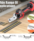 Heavy Duty Electric Din Rail Cutter With Slick Dual Groove Design For Knockout Straight Cuts On 35mm Aluminum And Steel Guide Rails on a wooden surface.