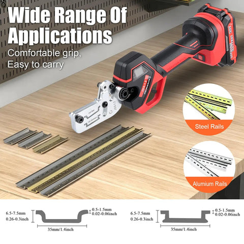 Heavy Duty Electric Din Rail Cutter With Slick Dual Groove Design For Knockout Straight Cuts On 35mm Aluminum And Steel Guide Rails on a wooden surface.
