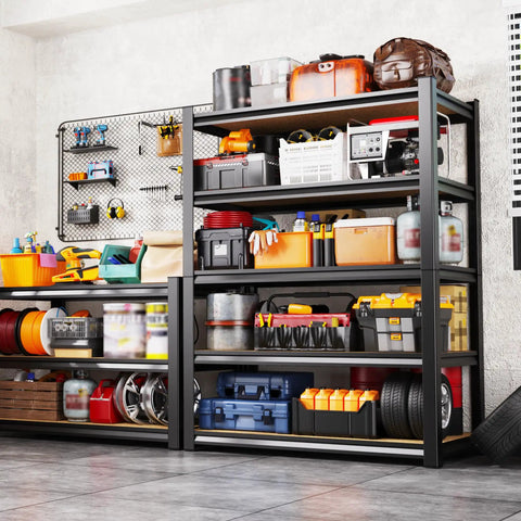 Heavy Duty Garage Shelving Unit With 2050 Lb Capacity, Industrial Grade Steel, Metal Adjustable Storage Rack For Basement Pantry Kitchen And Warehouse, 71 Inch Tall Black filled with tools and bins