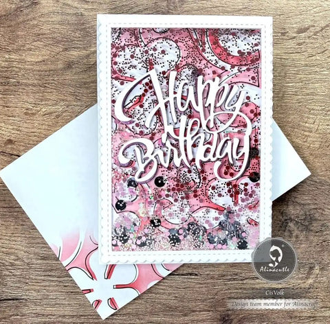 DIY birthday card with pink splatter background using 24 Piece Nesting Frame Die Cut Set With Scalloped Borders for card making