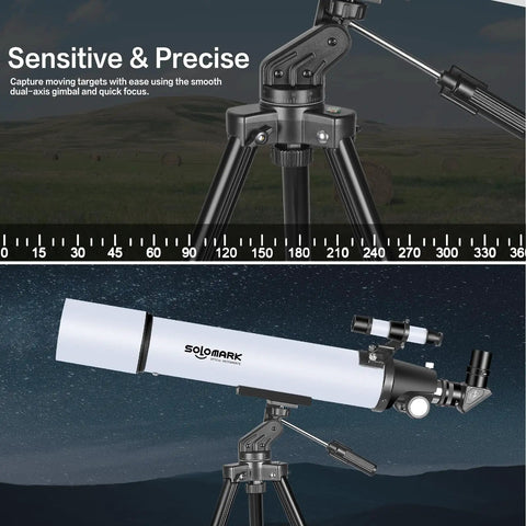 80mm Aperture 900mm Focal Length Refractor Telescope on tripod, focusing on dual-axis gimbal for precise stargazing adjustments.