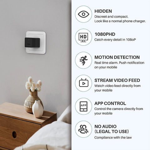 Hidden USB Charger Spy Camera With WiFi Live View 1080p HD Recording For Home Security And Baby Monitor on wall outlet with feature list