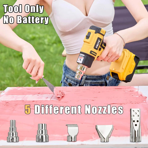 Person using Cordless Heat Gun for DeWalt 20V Battery Powered Hot Air Tool with 350W fast heating and five nozzle options