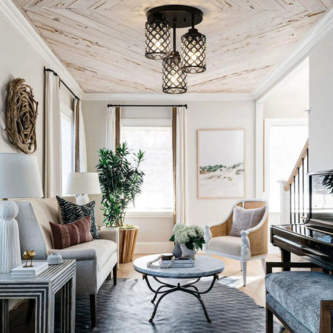 Black Crystal Chandelier Three Light Semi Flush Mount Ceiling Fixture With Metal Grid Shade in living room ceiling view