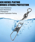 High Strength Fishing Barrel Swivels With Safety Snap Stainless Steel Barrel Swivel For Saltwater And Freshwater Copper Core With Black Nickel Finish Corrosion Resistant Smooth Rotation Solid Ring Tackle Connector, black nickel snap swivel