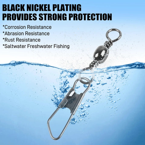 High Strength Fishing Barrel Swivels With Safety Snap Stainless Steel Barrel Swivel For Saltwater And Freshwater Copper Core With Black Nickel Finish Corrosion Resistant Smooth Rotation Solid Ring Tackle Connector, black nickel snap swivel