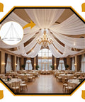 Elegant wedding venue with white draping using 24 Inch Hoop Ceiling Draping Kit For Weddings And Events, chandeliers visible