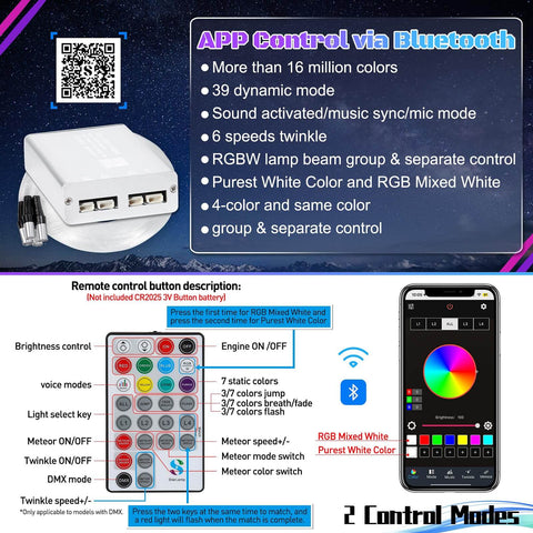 Split 4 Colors 12W Car Starlight Headliner Kit with App and RF Remote control interface