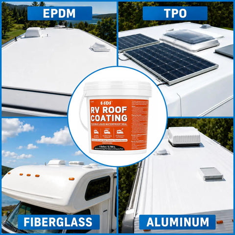 MS Polymer RV Roof Sealant 1 Gallon Coating on various roof types, EPDM, TPO, Fiberglass, Aluminum, with solar panels visible.