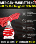 VR5 Red Round Sling 6 Ft Built Tough Endless Polyester Rigging Sling For Lifting And Material Handling USA Made Vertical 13,200 Lb Choker 10,560 Lb Basket 26,400 Lb Double-Ply Cover displayed with features.