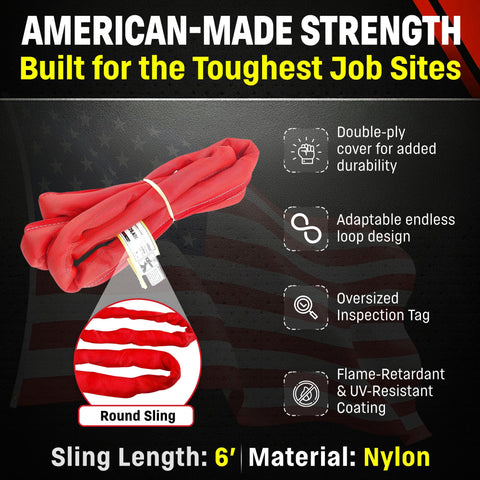 VR5 Red Round Sling 6 Ft Built Tough Endless Polyester Rigging Sling For Lifting And Material Handling USA Made Vertical 13,200 Lb Choker 10,560 Lb Basket 26,400 Lb Double-Ply Cover displayed with features.