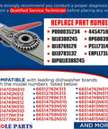 Chart displaying part numbers and compatible dishwasher models for the Beefed Up Dishwasher Lower Spray Arm Replacement W10859935.