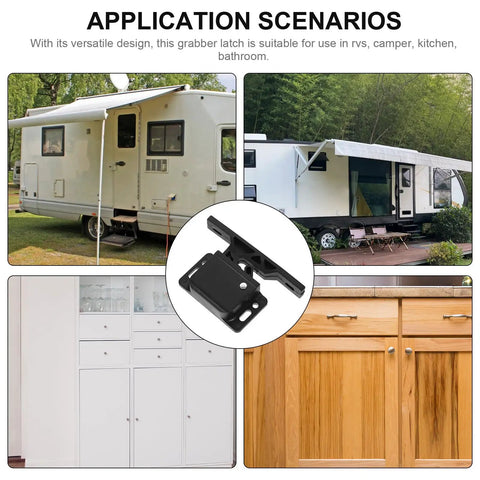 Rugged RV Cabinet Latches With Drawer Grabber Locks For Camper And Travel Trailer In Motion, black ABS latch in RV and cabinet use
