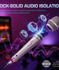 Golden XLR Wired Vocal Microphone For Singing, Dynamic Supercardioid Mic With Dual Shock Mount System hovering above sound mixer
