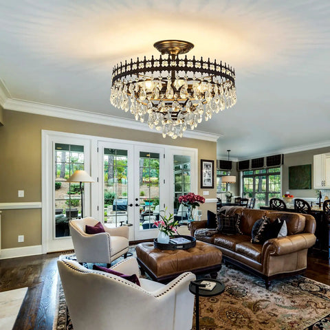 5-Light Modern Crystal Chandeliers Dope Matte Black Semi-Flush Mount Ceiling Light Fixture in luxurious living room setting.