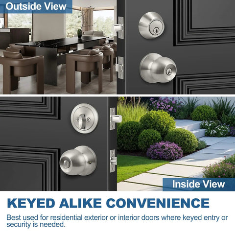 Keyed Alike Exterior Door Knob And Deadbolt Combo Set For Entrance And Front Door, Satin Nickel Finish in use on doors.