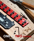 Hassle Free Cabinet Shelf Pin Jig Flips Between 5Mm And Quarter Inch Bits on wood surface with tools and drill bits.