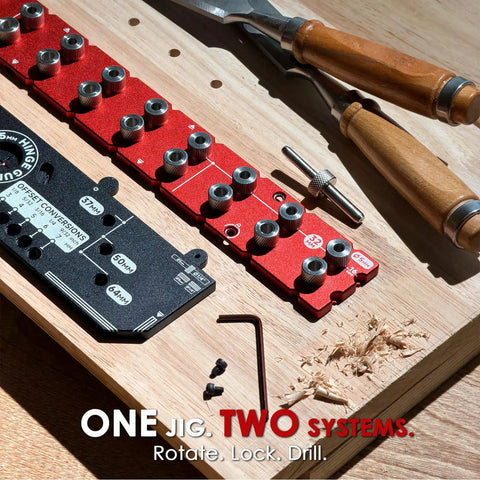 Hassle Free Cabinet Shelf Pin Jig Flips Between 5Mm And Quarter Inch Bits on wood surface with tools and drill bits.