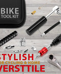 All In One Bike Repair Tool Kit With Mini Pump, Ratchet Wrench, 10 Magnetic Bits, Tire Levers and Carry Bag displayed on wooden surface.
