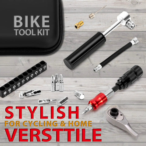 All In One Bike Repair Tool Kit With Mini Pump, Ratchet Wrench, 10 Magnetic Bits, Tire Levers and Carry Bag displayed on wooden surface.