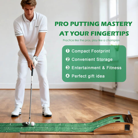 Indoor Putting Green Mat Extra Large And Wide 9.8 Foot With Ball Return Wrinkle Free Crystal Velvet Surface in home setting