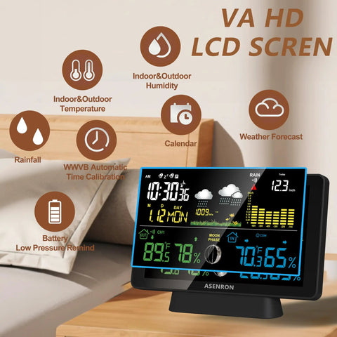 All-In-One Weather Station With No-Fuss Self-Emptying Wireless Rain Gauge For Indoor Outdoor Use displayed on a bedside table