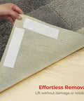 Person lifting rug corner showing NeverCurl Double Sided Rug Tape with mesh fabric for area rugs on carpet, residue-free removal.