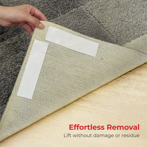 Person lifting rug corner showing NeverCurl Double Sided Rug Tape with mesh fabric for area rugs on carpet, residue-free removal.
