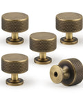 Premium Top Shelf Solid Brass Cabinet Knobs 1.1 Inch Knurled Hardware Antique Brushed Finish five piece pack set.