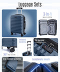 3-piece blue hard-shell luggage set with spinner wheels and TSA lock, front view.