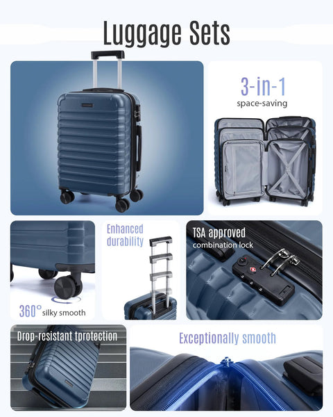 3-piece blue hard-shell luggage set with spinner wheels and TSA lock, front view.
