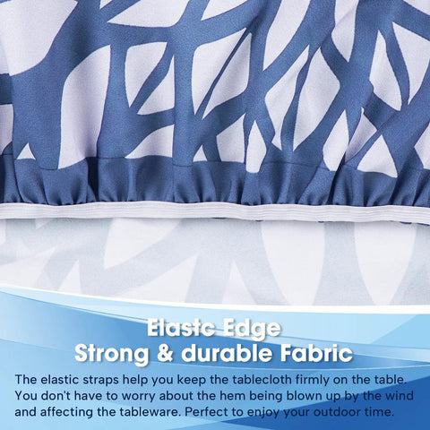 Close-up of Outdoor Picnic Fitted Tablecloth With Umbrella Hole And Zipper Waterproof Round Table Cover For 36 To 44 Inches Elastic Zippered Tablecloth For Picnics And Camping Floral Pattern No Fuss Setup showing elastic edge and floral pattern.