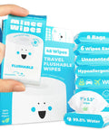 Hand holding pack of Ultra Compact Travel Flushable Wipes With 99.5 Percent Water And Aloe for sensitive skin, showing 48 wipes.