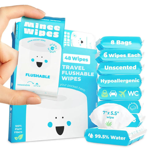 Hand holding pack of Ultra Compact Travel Flushable Wipes With 99.5 Percent Water And Aloe for sensitive skin, showing 48 wipes.