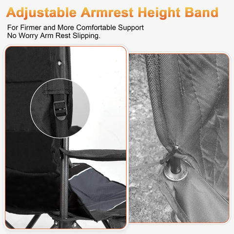 Close-up of adjustable armrest on oversized camping chair set 2 pack heavy duty folding chairs support up to 500 lbs.