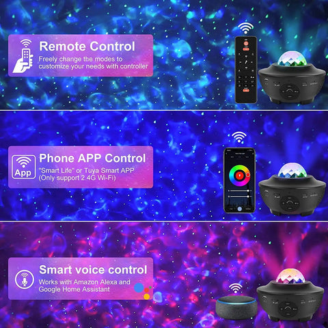 Awesome Star Projector Night Light For Kids With Alexa And Google Home Control, showcasing remote, phone app, and voice control features.